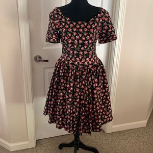 Unique Vintage Black and Pink Floral Midi Dress